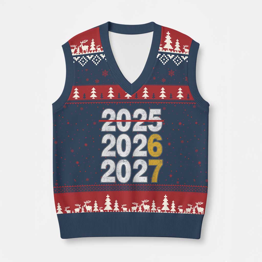 Funny 67 New Year V-Neck Knit Sweater Vest Happy New Year 2026 2027 Six Seven Meme TS11 Navy Red Print Your Wear