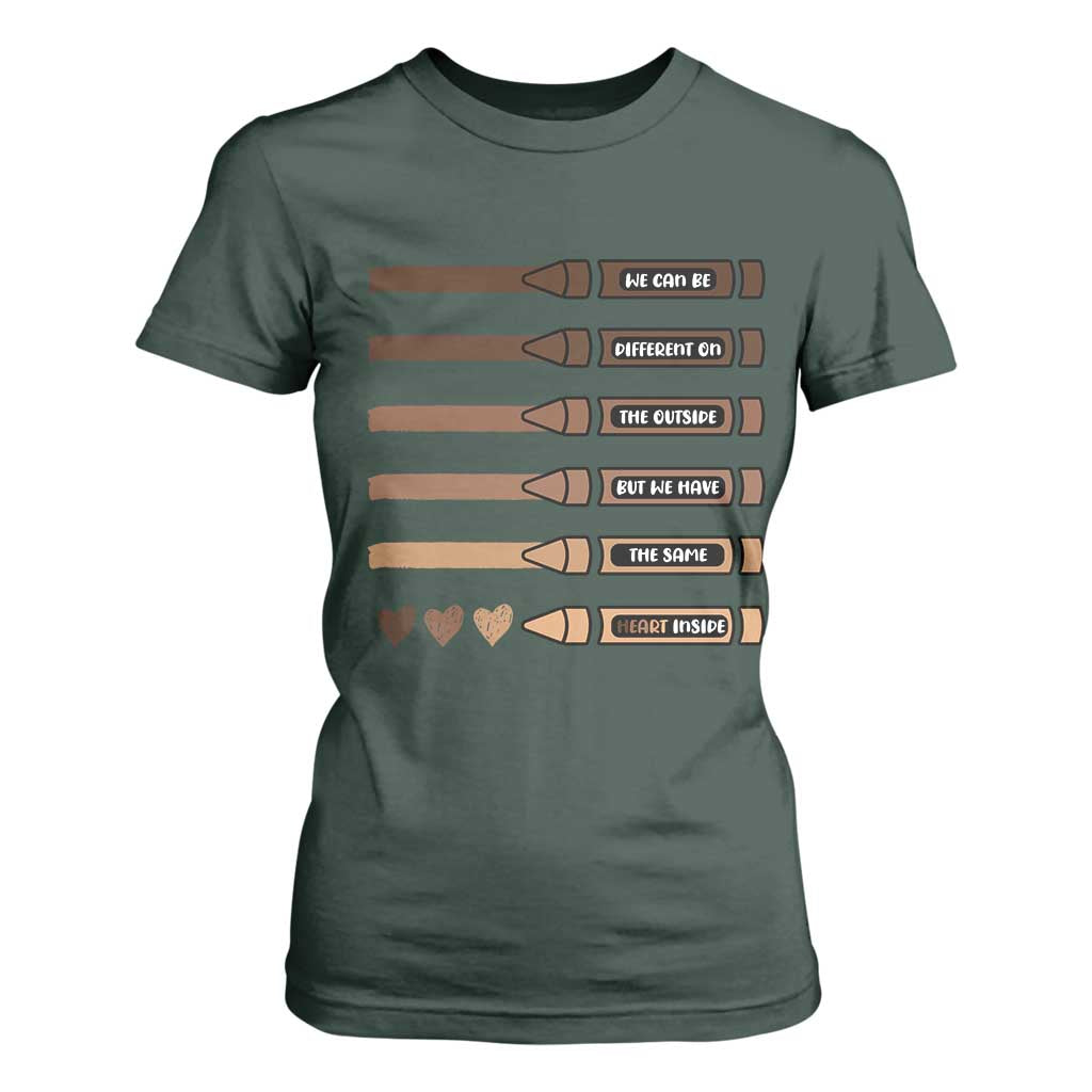 Melanin Black Teacher T Shirt For Women We Can Be Different On The Outside But We Have The Same Heart Inside TS11 Dark Forest Green Print Your Wear
