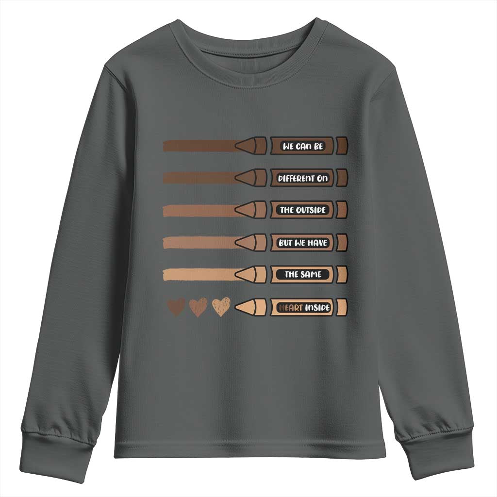 Melanin Black Teacher Youth Sweatshirt We Can Be Different On The Outside But We Have The Same Heart Inside TS11 Dark Heather Print Your Wear