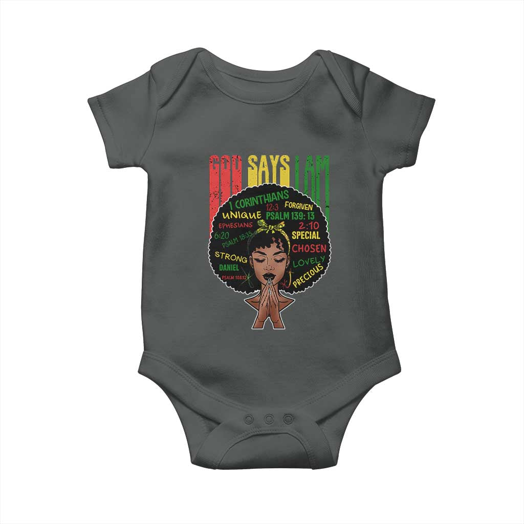 Proud Black African American Baby Onesie God Says I Am Black History Month Afro Girl TS11 Dark Heather Print Your Wear