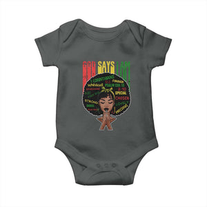 Proud Black African American Baby Onesie God Says I Am Black History Month Afro Girl TS11 Dark Heather Print Your Wear