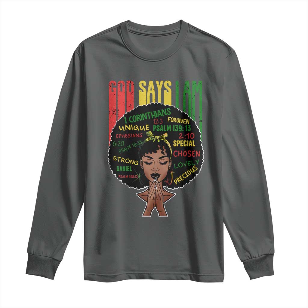 Proud Black African American Long Sleeve Shirt God Says I Am Black History Month Afro Girl TS11 Dark Heather Print Your Wear