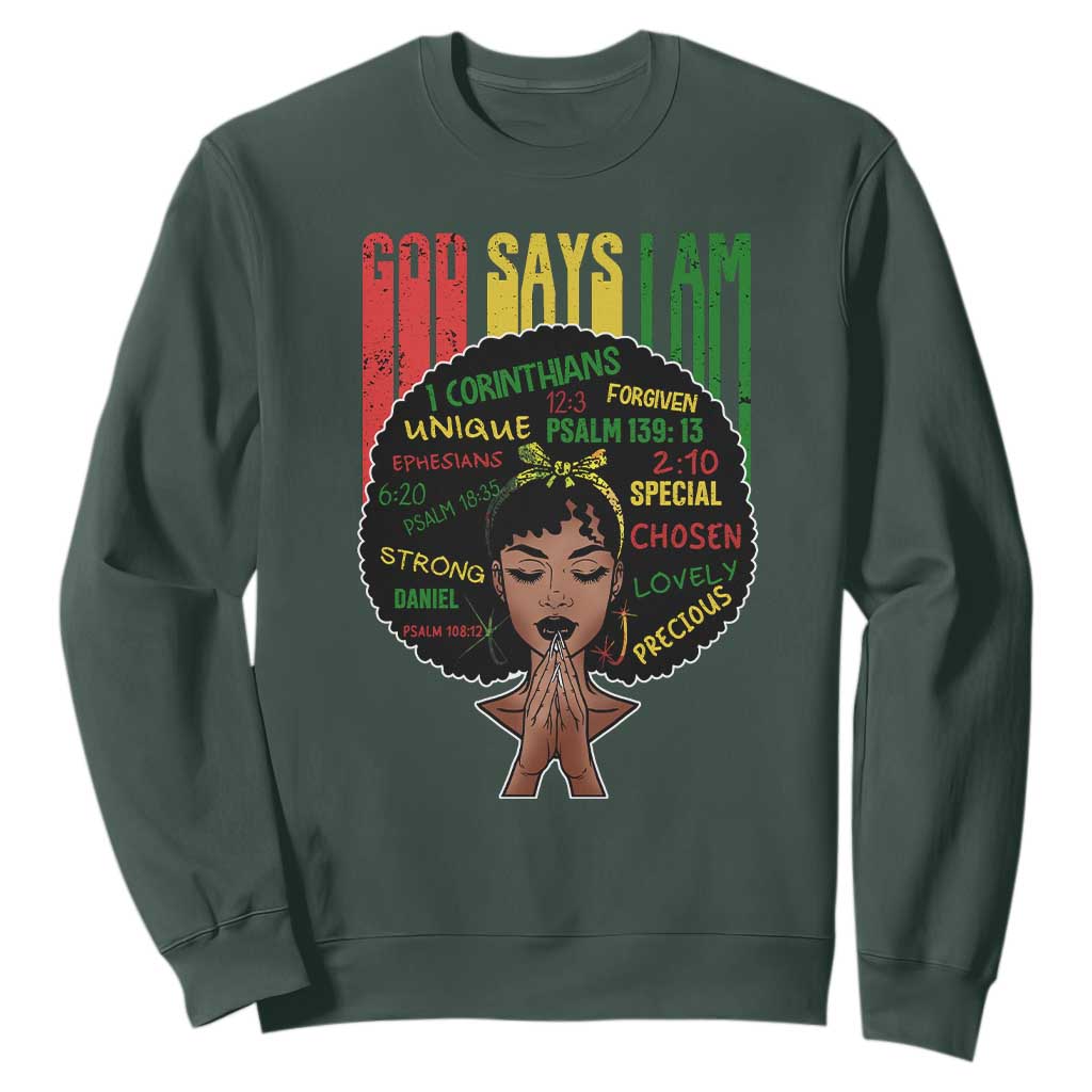 Proud Black African American Sweatshirt God Says I Am Black History Month Afro Girl TS11 Dark Forest Green Print Your Wear