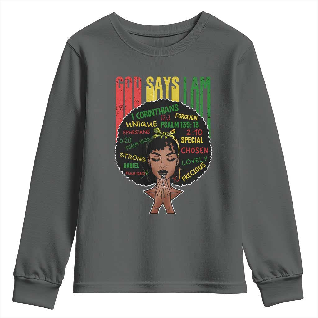 Proud Black African American Youth Sweatshirt God Says I Am Black History Month Afro Girl TS11 Dark Heather Print Your Wear