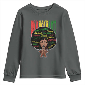 Proud Black African American Youth Sweatshirt God Says I Am Black History Month Afro Girl TS11 Dark Heather Print Your Wear