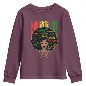 Proud Black African American Youth Sweatshirt God Says I Am Black History Month Afro Girl TS11 Maroon Print Your Wear