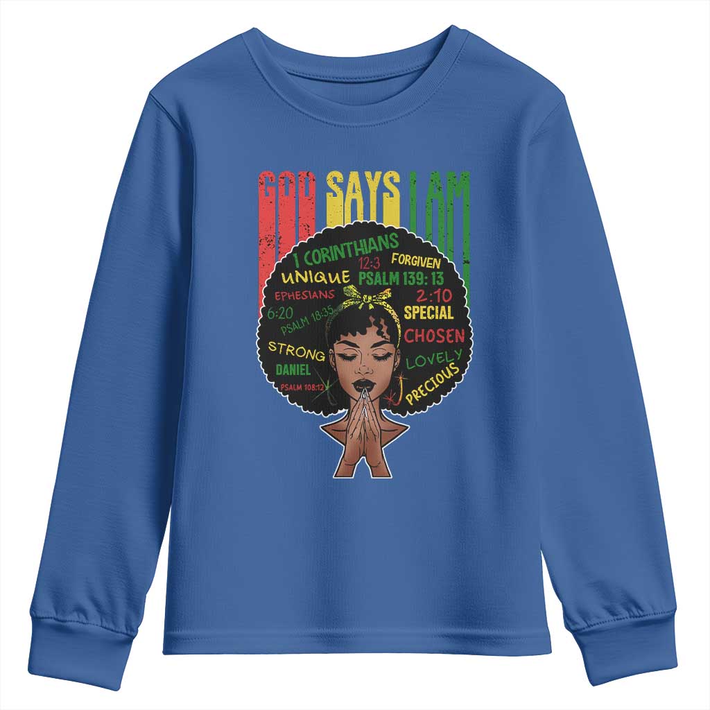 Proud Black African American Youth Sweatshirt God Says I Am Black History Month Afro Girl TS11 Royal Blue Print Your Wear