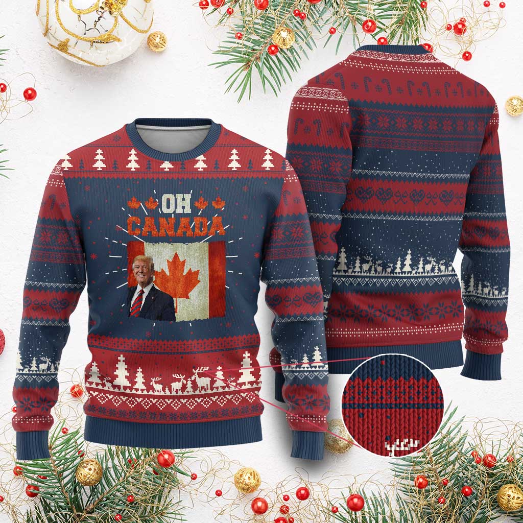 Funny Trump 2025 Oh Canada Knit Sweatshirt Vintage Canadian Flag TS11 Burgundy Print Your Wear