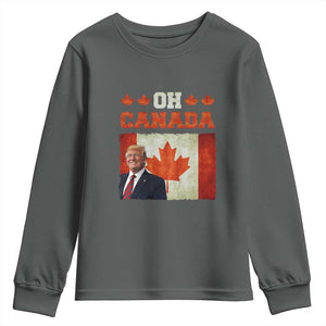 Funny Trump 2025 Oh Canada Youth Sweatshirt Vintage Canadian Flag TS11 Dark Heather Print Your Wear