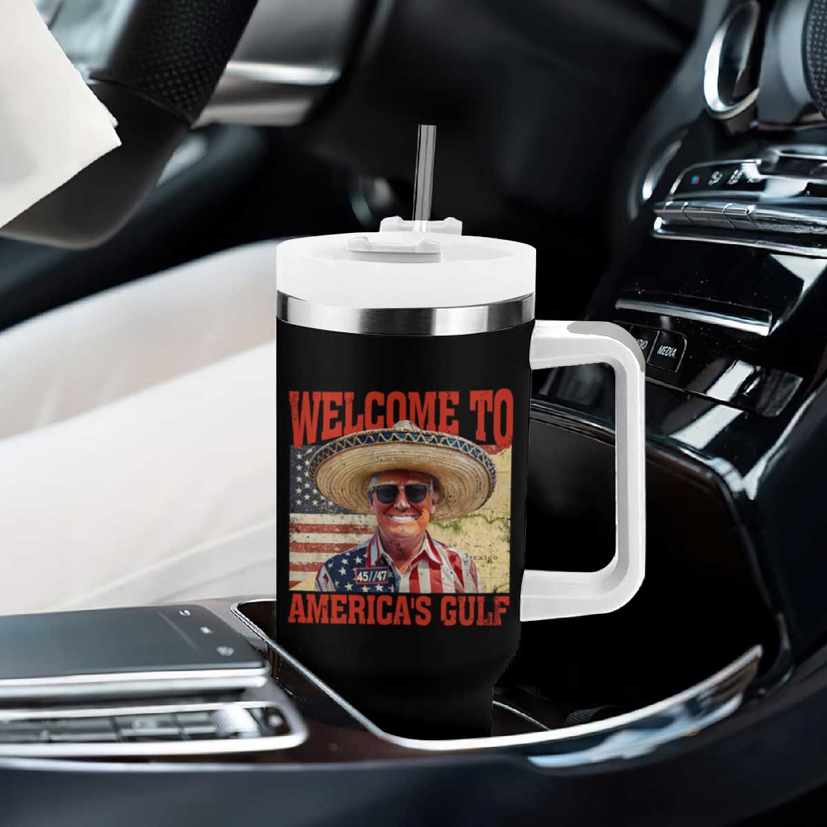 Funny Trump 2025 Welcome To America's Gulf Tumbler With Handle Vintage American Flag Sombrero Hat TS11 Print Your Wear