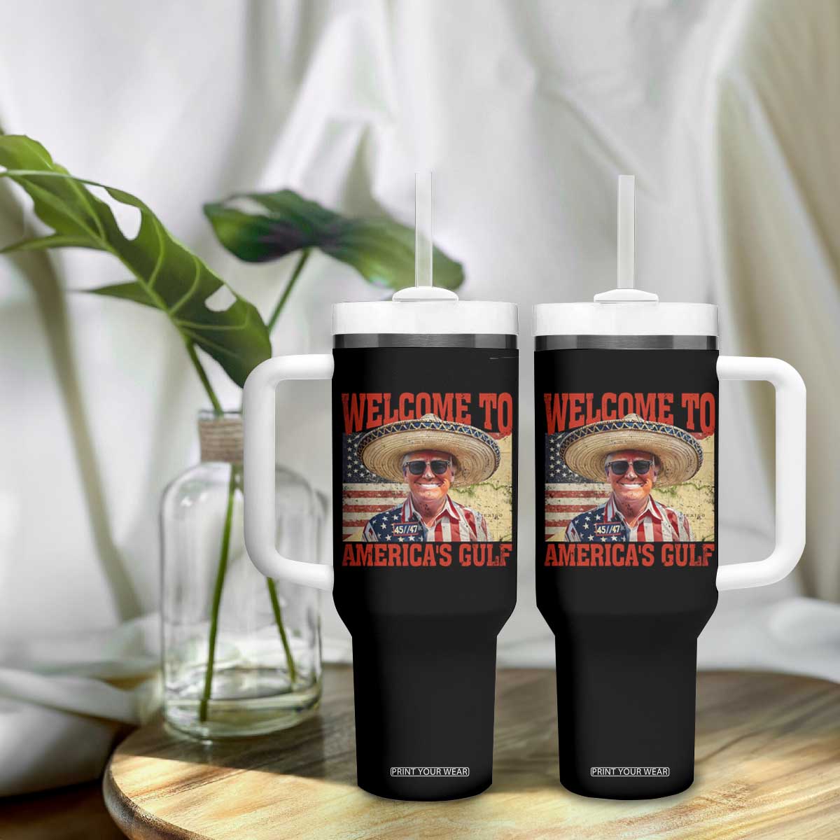 Funny Trump 2025 Welcome To America's Gulf Tumbler With Handle Vintage American Flag Sombrero Hat TS11 Print Your Wear