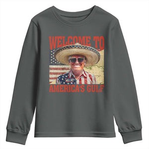 Funny Trump 2025 Welcome To America's Gulf Youth Sweatshirt Vintage American Flag Sombrero Hat TS11 Dark Heather Print Your Wear