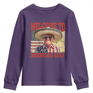 Funny Trump 2025 Welcome To America's Gulf Youth Sweatshirt Vintage American Flag Sombrero Hat TS11 Purple Print Your Wear