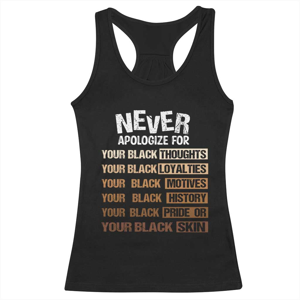 Never Apologize For Your Black Thoughts Loyalties Motives History Pride Or Skin Racerback Tank Top African American Black History Month TS11 Black Print Your Wear