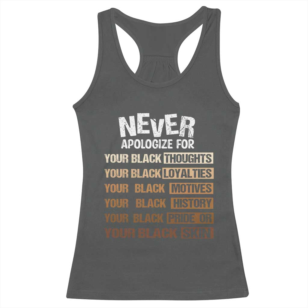Never Apologize For Your Black Thoughts Loyalties Motives History Pride Or Skin Racerback Tank Top African American Black History Month TS11 Dark Heather Print Your Wear