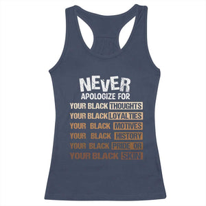Never Apologize For Your Black Thoughts Loyalties Motives History Pride Or Skin Racerback Tank Top African American Black History Month TS11 Navy Print Your Wear
