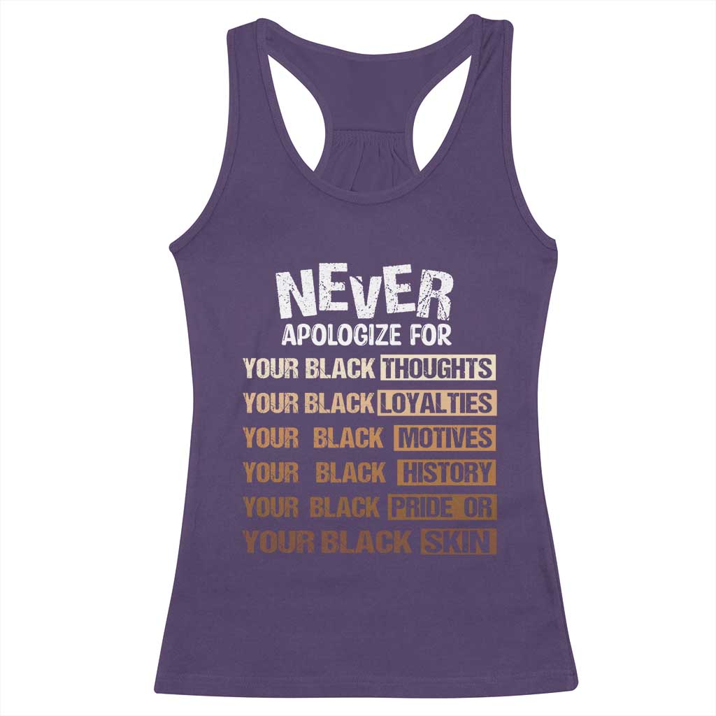Never Apologize For Your Black Thoughts Loyalties Motives History Pride Or Skin Racerback Tank Top African American Black History Month TS11 Purple Print Your Wear