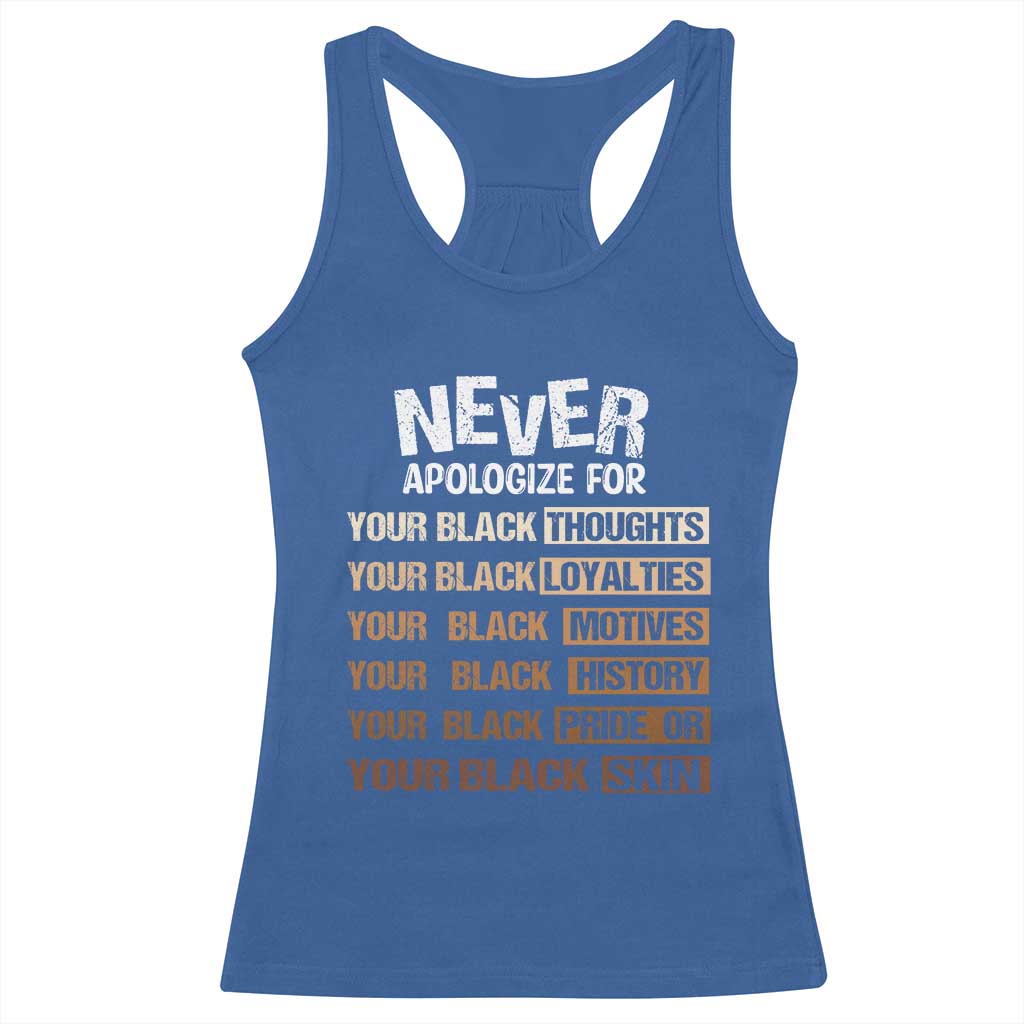 Never Apologize For Your Black Thoughts Loyalties Motives History Pride Or Skin Racerback Tank Top African American Black History Month TS11 Royal Blue Print Your Wear