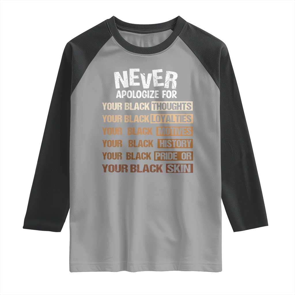 Never Apologize For Your Black Thoughts Loyalties Motives History Pride Or Skin Raglan Shirt African American Black History Month TS11 Sport Gray Black Print Your Wear