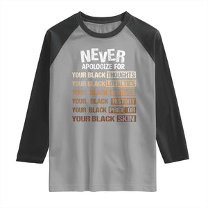 Never Apologize For Your Black Thoughts Loyalties Motives History Pride Or Skin Raglan Shirt African American Black History Month TS11 Sport Gray Black Print Your Wear