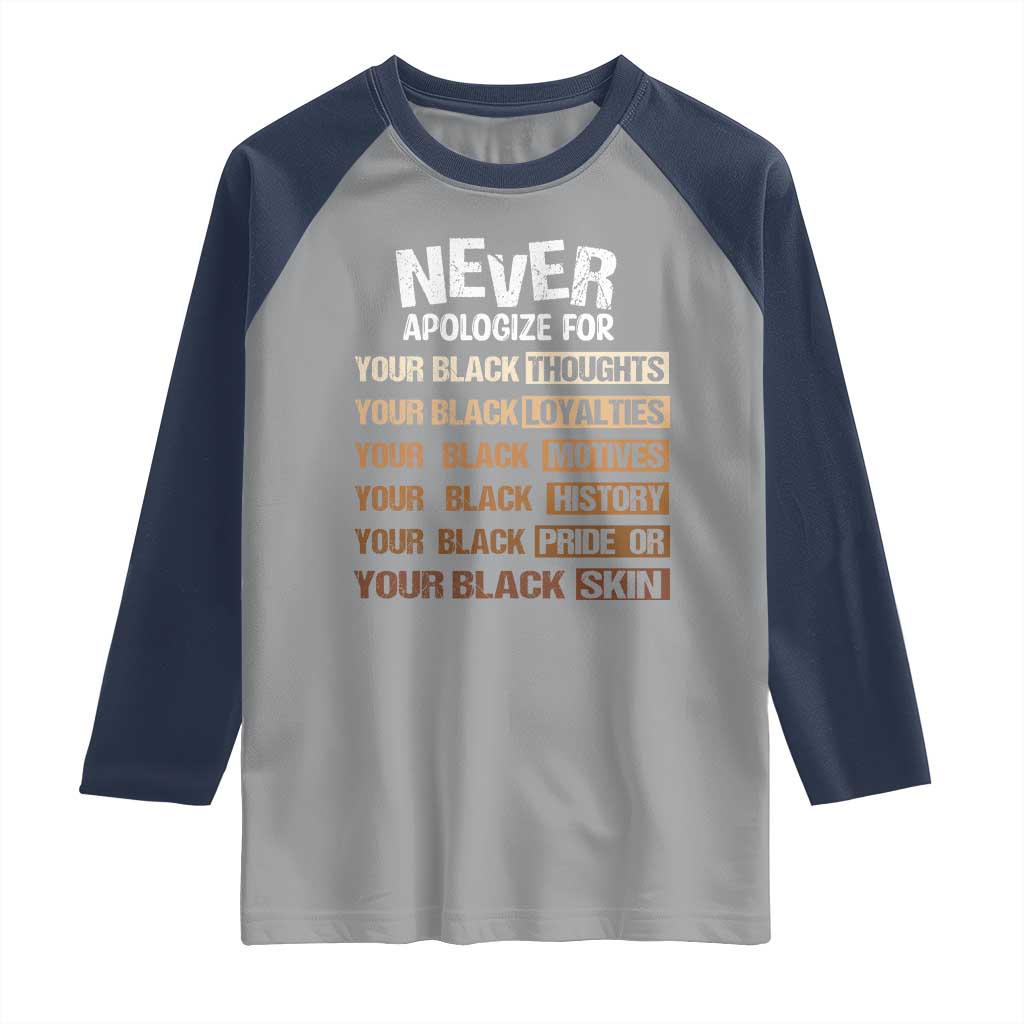 Never Apologize For Your Black Thoughts Loyalties Motives History Pride Or Skin Raglan Shirt African American Black History Month TS11 Sport Gray Navy Print Your Wear