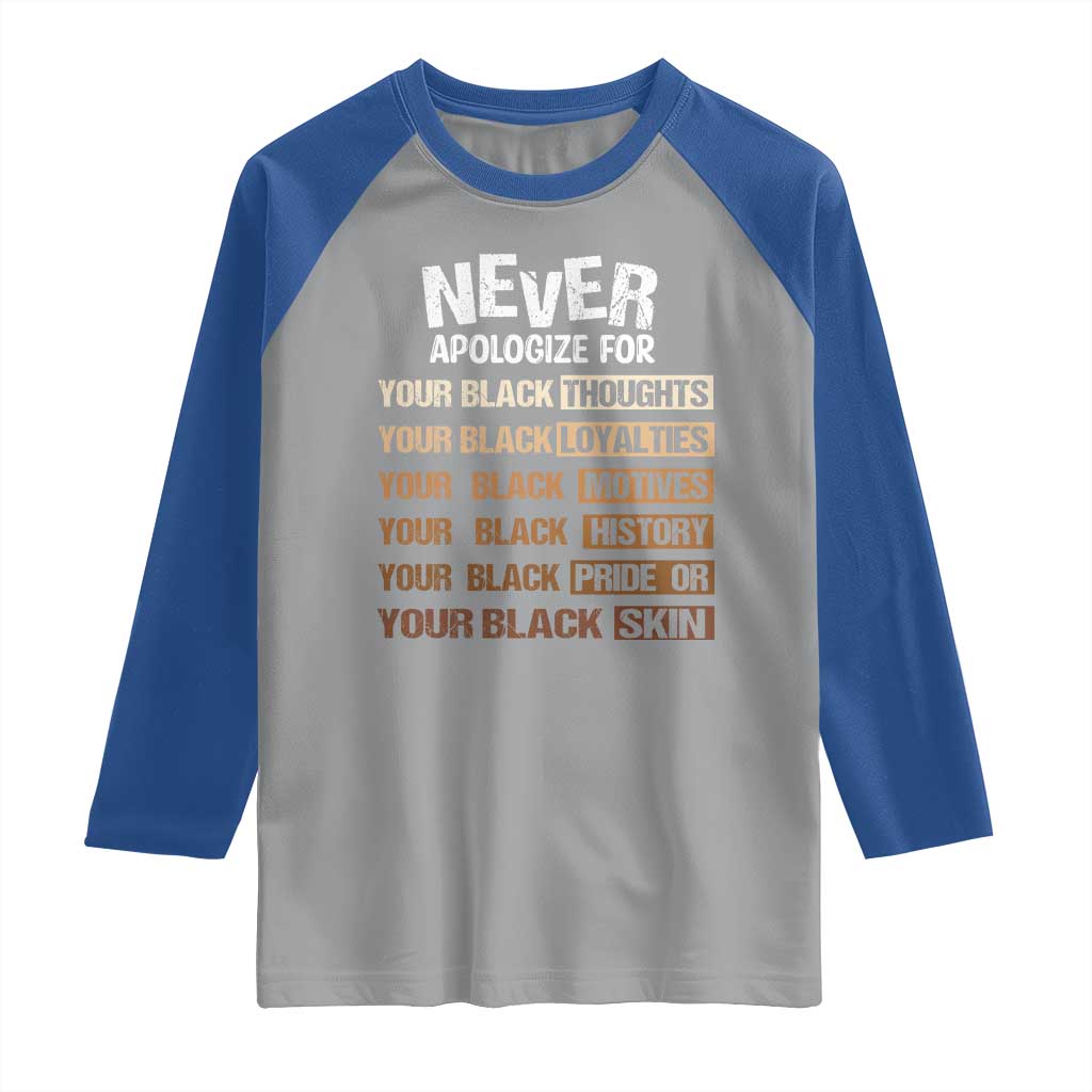Never Apologize For Your Black Thoughts Loyalties Motives History Pride Or Skin Raglan Shirt African American Black History Month TS11 Sport Gray Royal Print Your Wear