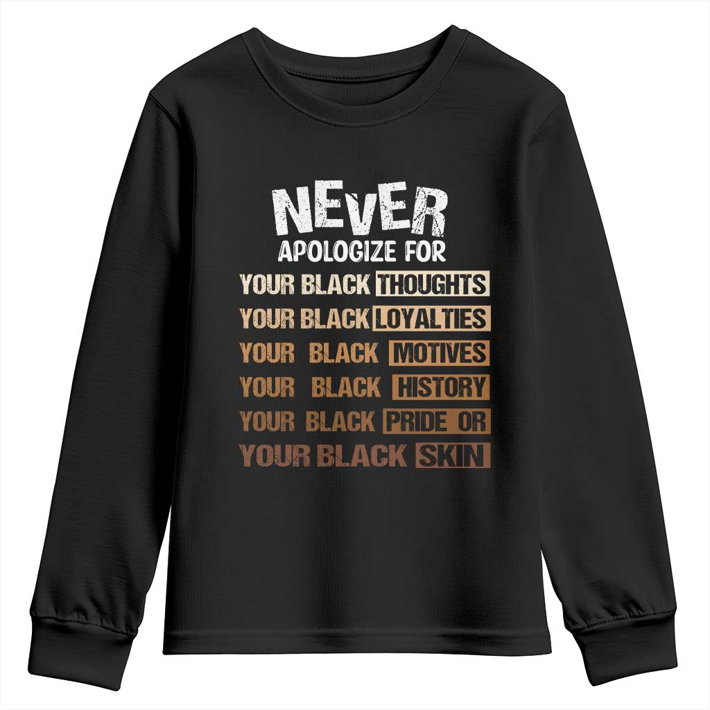 Never Apologize For Your Black Thoughts Loyalties Motives History Pride Or Skin Youth Sweatshirt African American Black History Month TS11 Black Print Your Wear