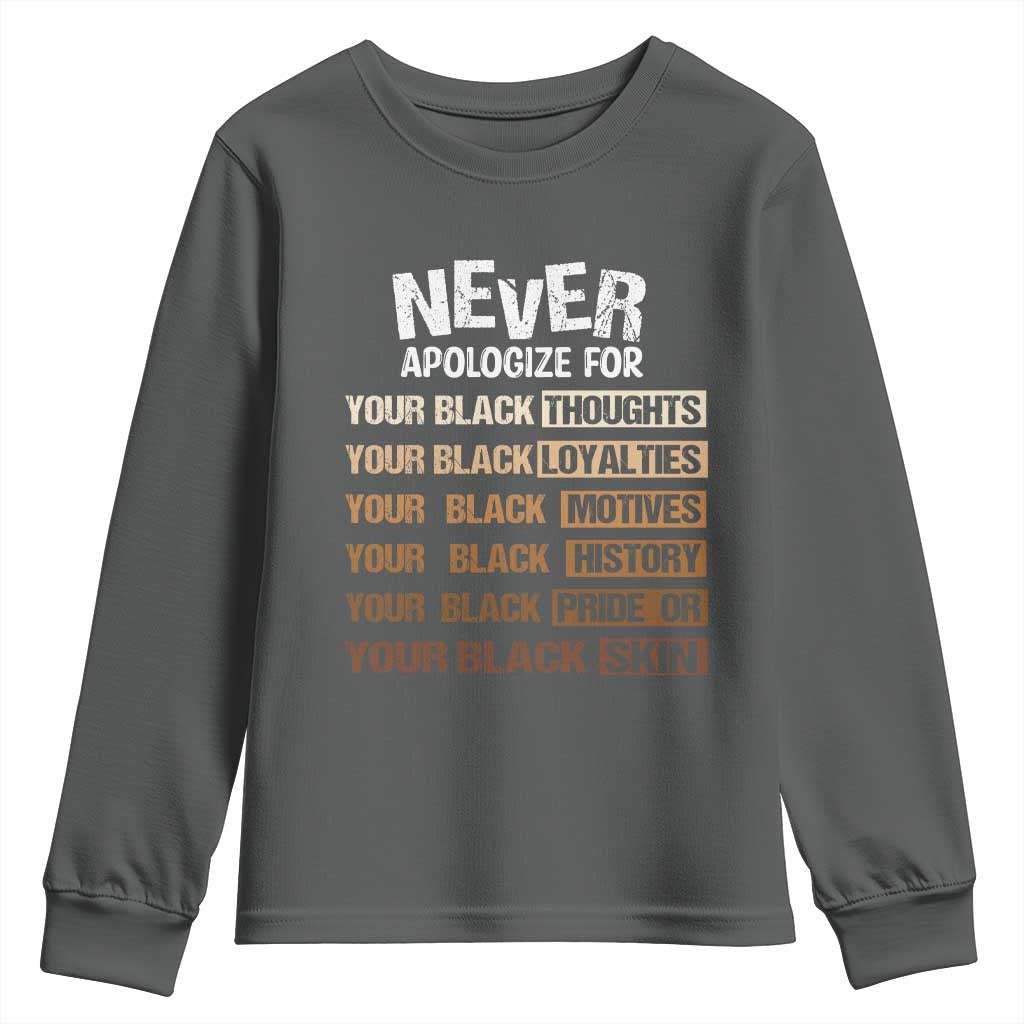 Never Apologize For Your Black Thoughts Loyalties Motives History Pride Or Skin Youth Sweatshirt African American Black History Month TS11 Dark Heather Print Your Wear