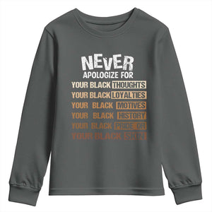 Never Apologize For Your Black Thoughts Loyalties Motives History Pride Or Skin Youth Sweatshirt African American Black History Month TS11 Dark Heather Print Your Wear