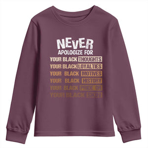 Never Apologize For Your Black Thoughts Loyalties Motives History Pride Or Skin Youth Sweatshirt African American Black History Month TS11 Maroon Print Your Wear