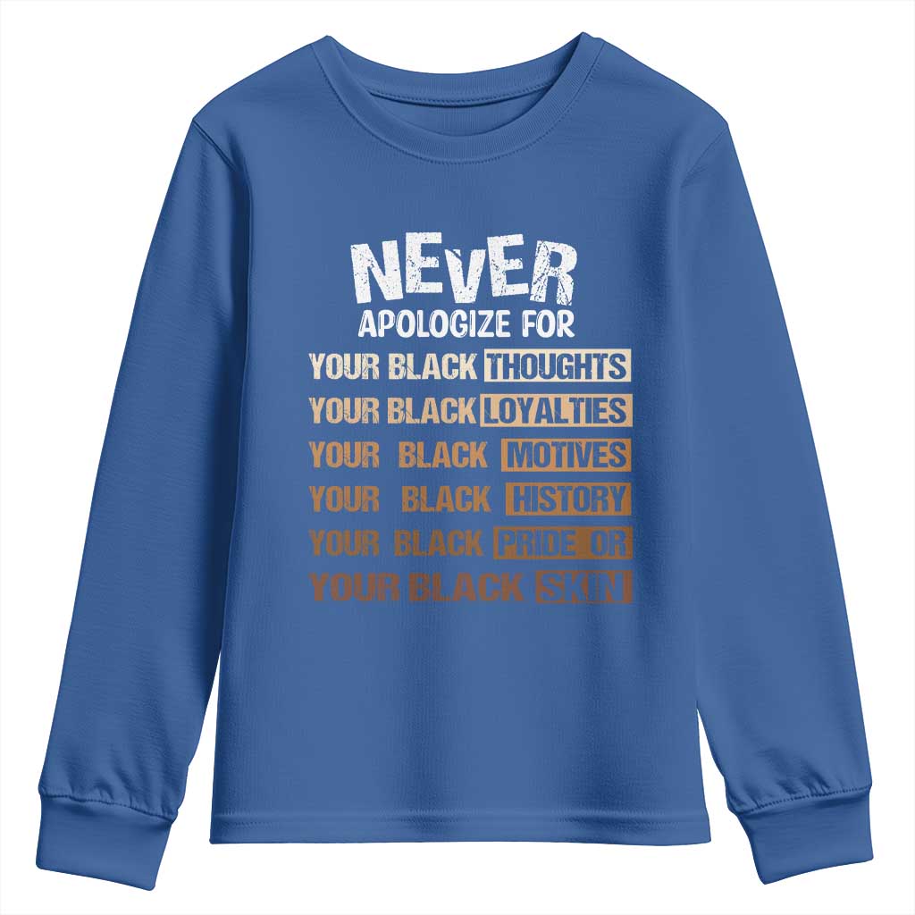 Never Apologize For Your Black Thoughts Loyalties Motives History Pride Or Skin Youth Sweatshirt African American Black History Month TS11 Royal Blue Print Your Wear