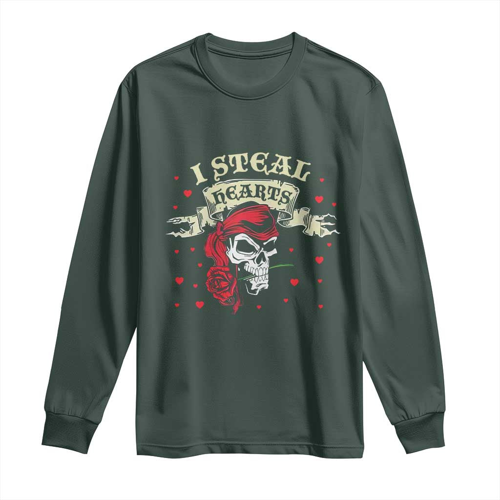 Funny Valentine's Day Pirate Long Sleeve Shirt I Steal Hearts Rose TS11 Dark Forest Green Print Your Wear
