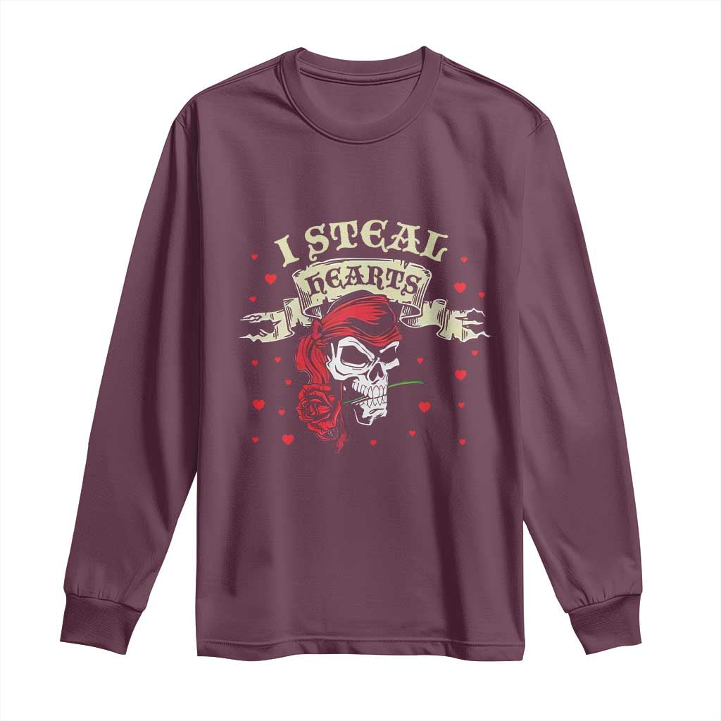 Funny Valentine's Day Pirate Long Sleeve Shirt I Steal Hearts Rose TS11 Maroon Print Your Wear