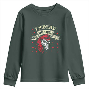 Funny Valentine's Day Pirate Youth Sweatshirt I Steal Hearts Rose TS11 Dark Forest Green Print Your Wear