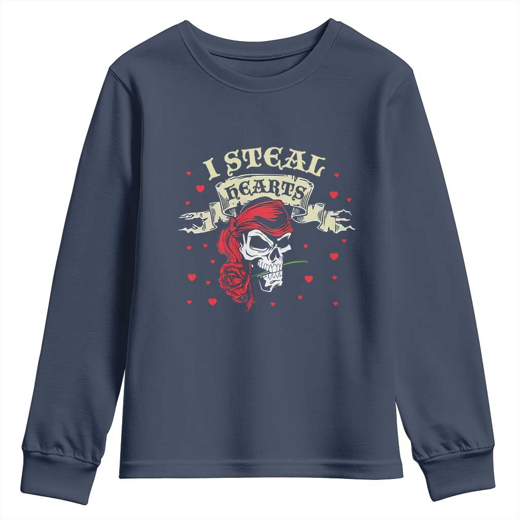 Funny Valentine's Day Pirate Youth Sweatshirt I Steal Hearts Rose TS11 Navy Print Your Wear