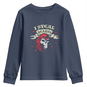 Funny Valentine's Day Pirate Youth Sweatshirt I Steal Hearts Rose TS11 Navy Print Your Wear