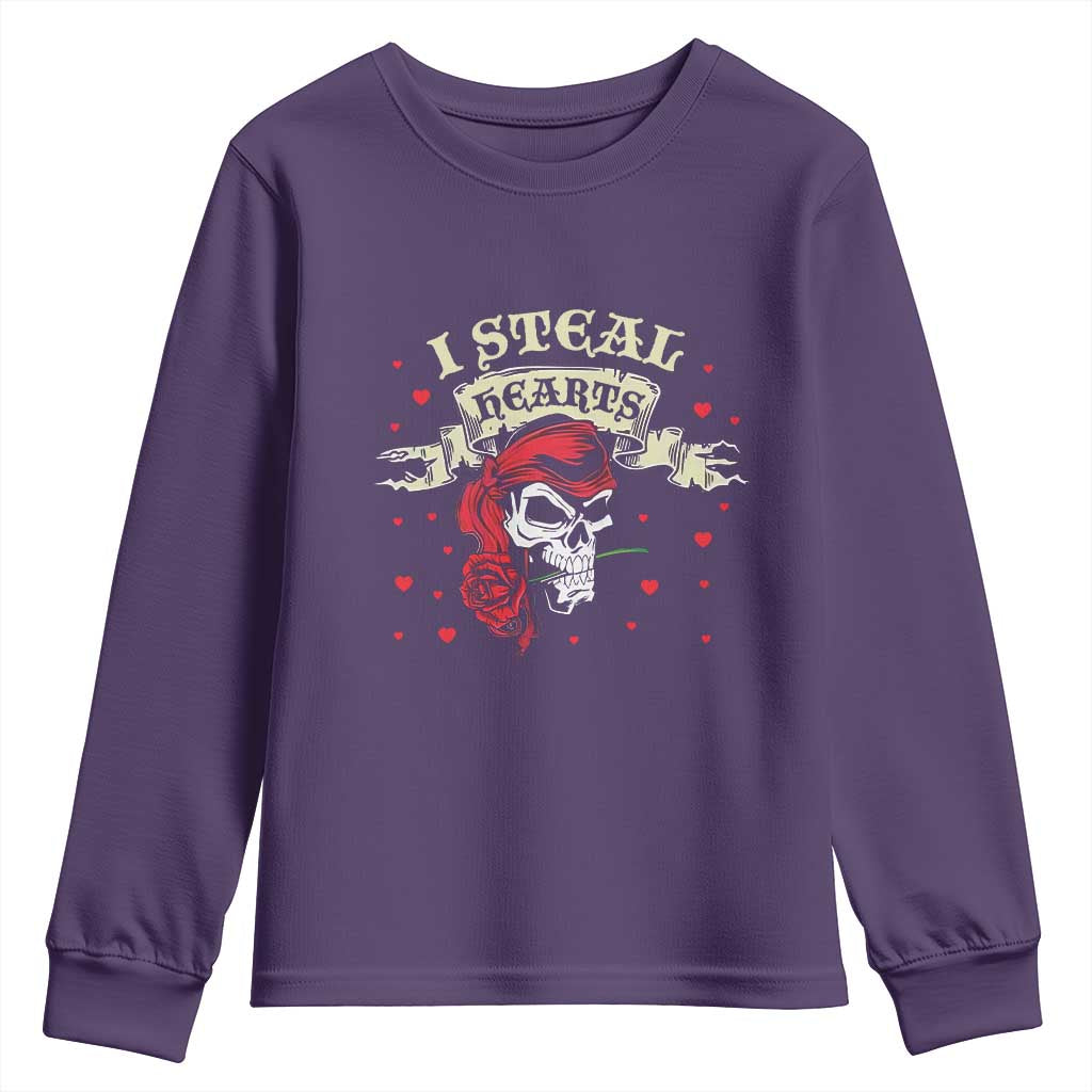 Funny Valentine's Day Pirate Youth Sweatshirt I Steal Hearts Rose TS11 Purple Print Your Wear