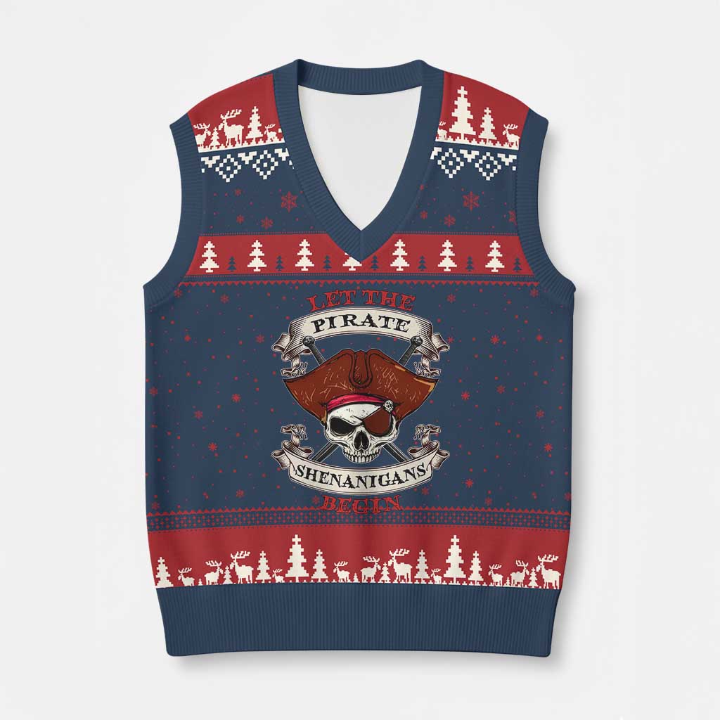 Let The Pirate Shenanigans Begin V-Neck Knit Sweater Vest Funny Crossbones Freebooter TS11 Navy Red Print Your Wear