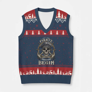 Funny Let The Pirate Shenanigans Begin V-Neck Knit Sweater Vest Vintage Captain Crossbones Freebooter TS11 Navy Red Print Your Wear