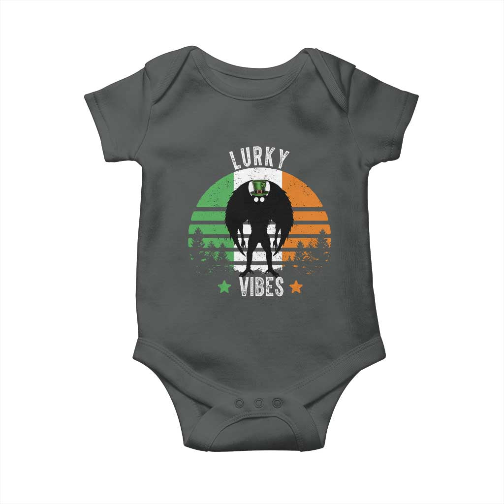 Funny St Patrick's Day Mothman Baby Onesie Lurky Vibes Shamrock Retro Ireland Flag TS11 Dark Heather Print Your Wear
