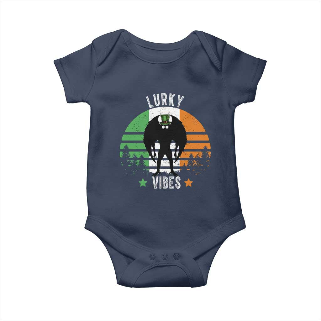 Funny St Patrick's Day Mothman Baby Onesie Lurky Vibes Shamrock Retro Ireland Flag TS11 Navy Print Your Wear