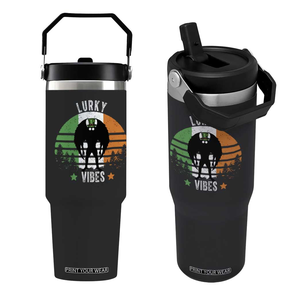Funny St Patrick's Day Mothman Flip Straw Tumbler Lurky Vibes Shamrock Retro Ireland Flag TS11 One Size: 30 oz Black Print Your Wear