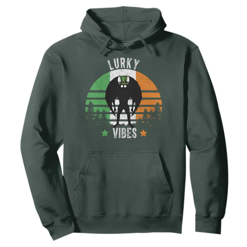Funny St Patrick's Day Mothman Hoodie Lurky Vibes Shamrock Retro Ireland Flag TS11 Dark Forest Green Print Your Wear