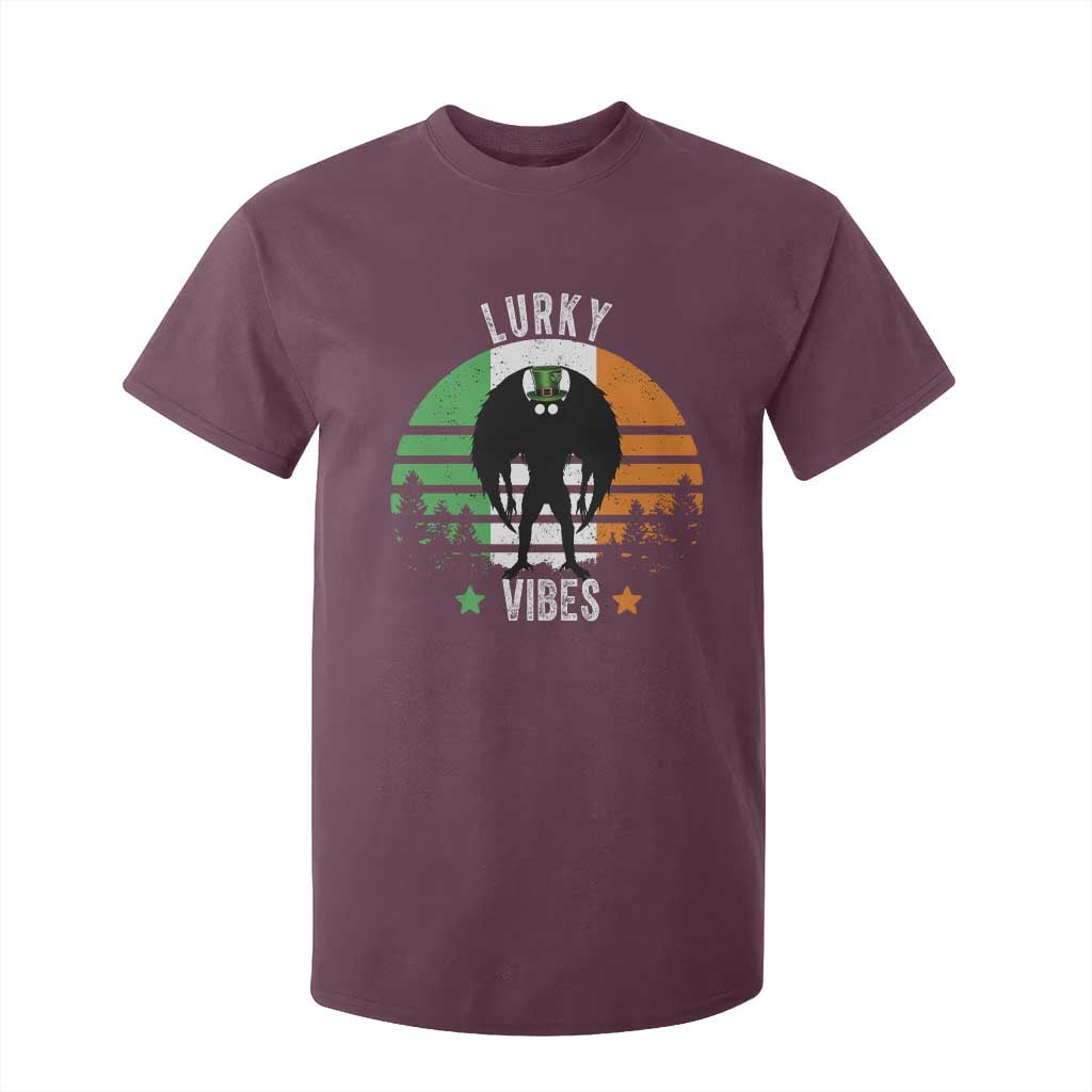 Funny St Patrick's Day Mothman T Shirt For Kid Lurky Vibes Shamrock Retro Ireland Flag TS11 Maroon Print Your Wear