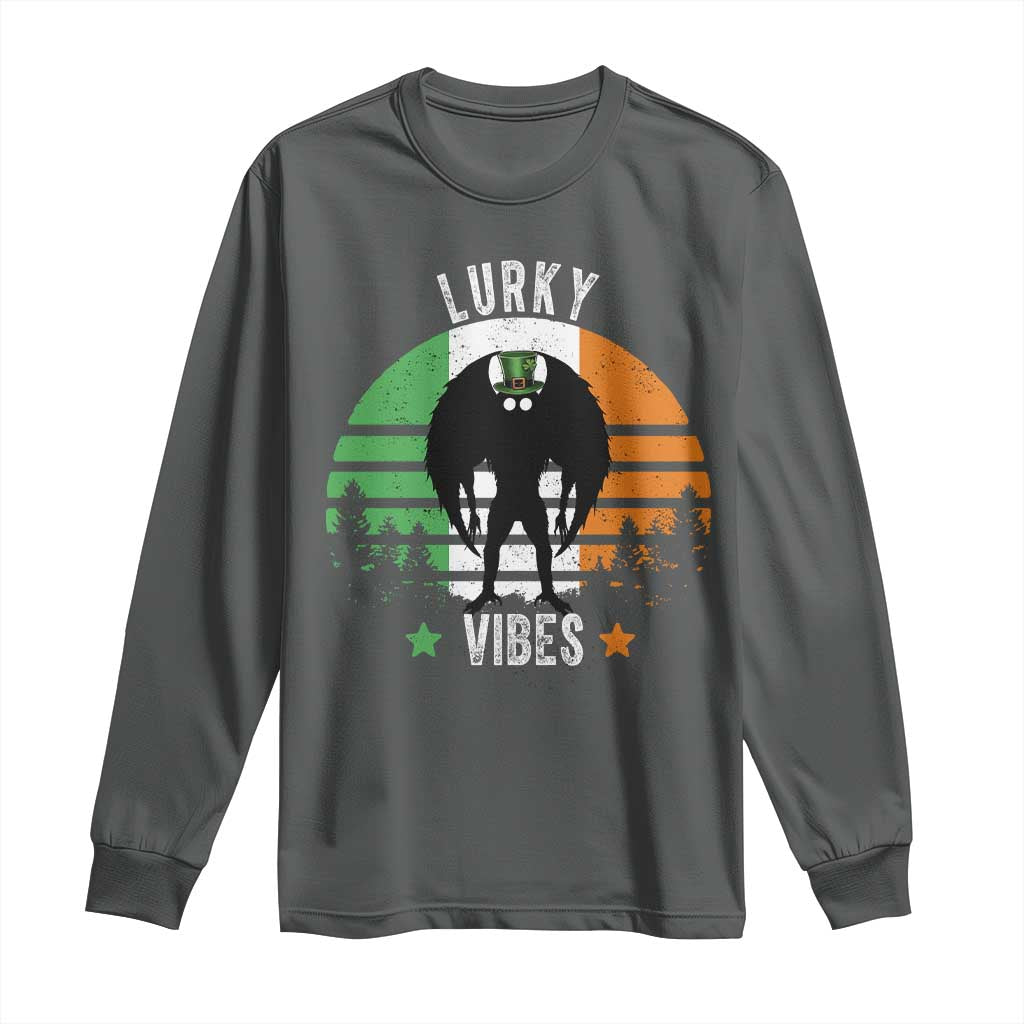 Funny St Patrick's Day Mothman Long Sleeve Shirt Lurky Vibes Shamrock Retro Ireland Flag TS11 Dark Heather Print Your Wear