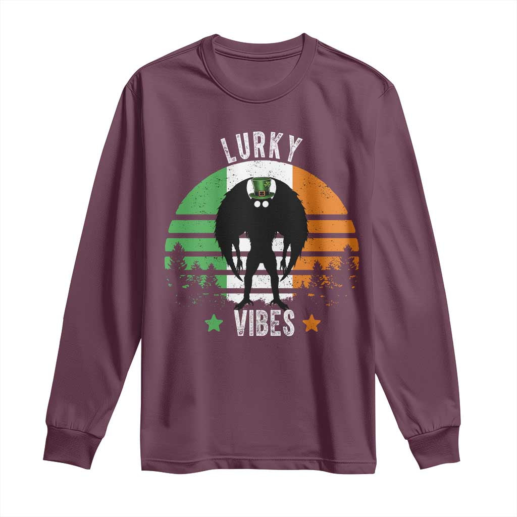Funny St Patrick's Day Mothman Long Sleeve Shirt Lurky Vibes Shamrock Retro Ireland Flag TS11 Maroon Print Your Wear