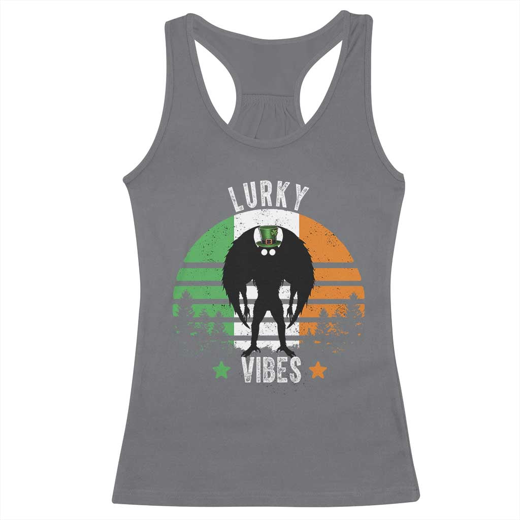 Funny St Patrick's Day Mothman Racerback Tank Top Lurky Vibes Shamrock Retro Ireland Flag TS11 Charcoal Print Your Wear