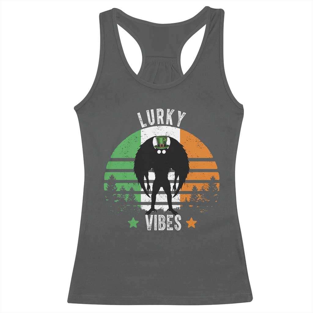 Funny St Patrick's Day Mothman Racerback Tank Top Lurky Vibes Shamrock Retro Ireland Flag TS11 Dark Heather Print Your Wear