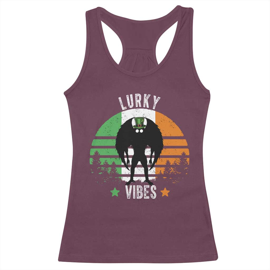 Funny St Patrick's Day Mothman Racerback Tank Top Lurky Vibes Shamrock Retro Ireland Flag TS11 Maroon Print Your Wear