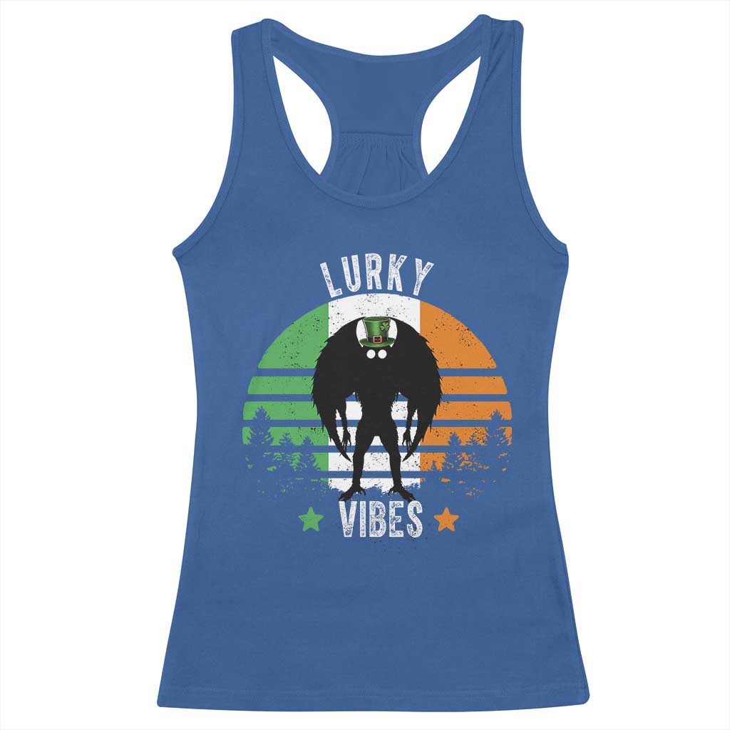 Funny St Patrick's Day Mothman Racerback Tank Top Lurky Vibes Shamrock Retro Ireland Flag TS11 Royal Blue Print Your Wear